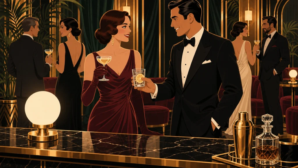 Una pareja elegante en traje de noche conversa junto a una barra de mármol art deco; ella sostiene una copa de champaña y él le ofrece un vaso de agua.