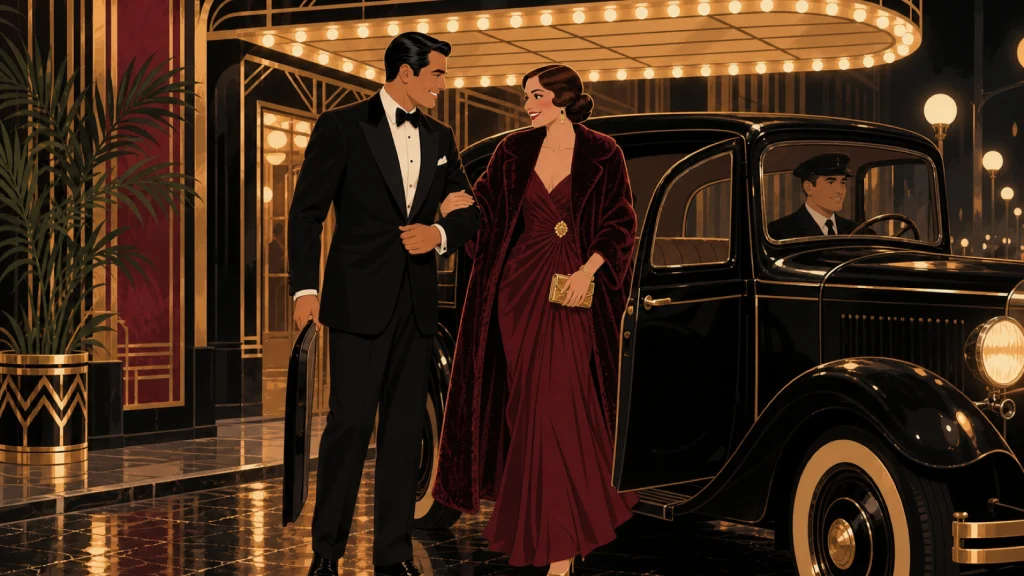 Una pareja en traje de noche sube al asiento trasero de un taxi clásico que la espera bajo la marquesina iluminada de un club art deco.