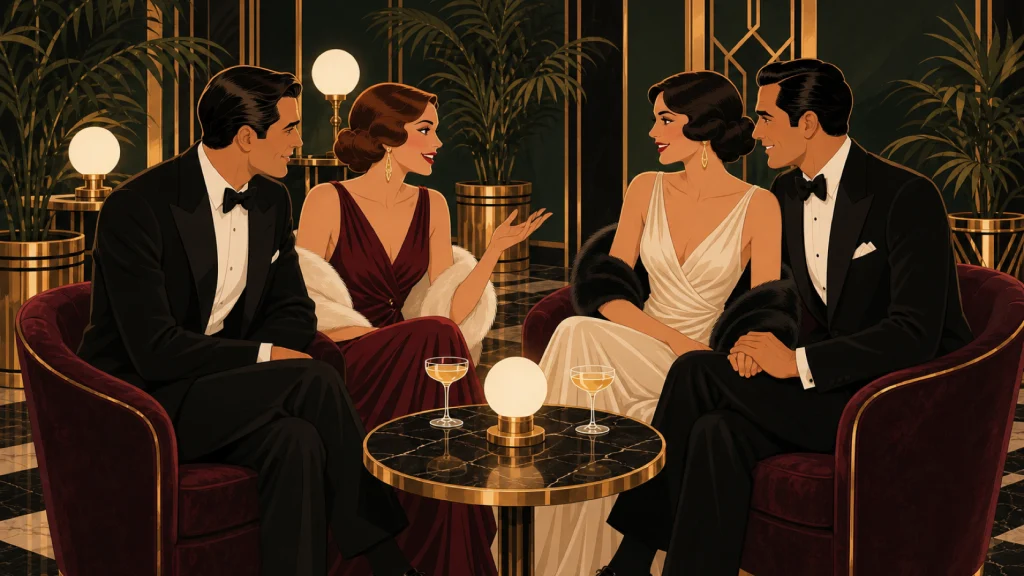 Dos parejas elegantes conversan con calma alrededor de una mesa de mármol en un salón art deco iluminado por lámparas de globo.