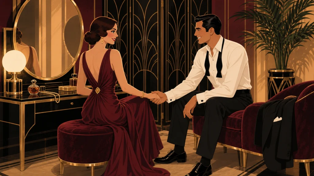 Una pareja vestida de noche conversa tomada de la mano frente a un tocador art deco antes de salir.