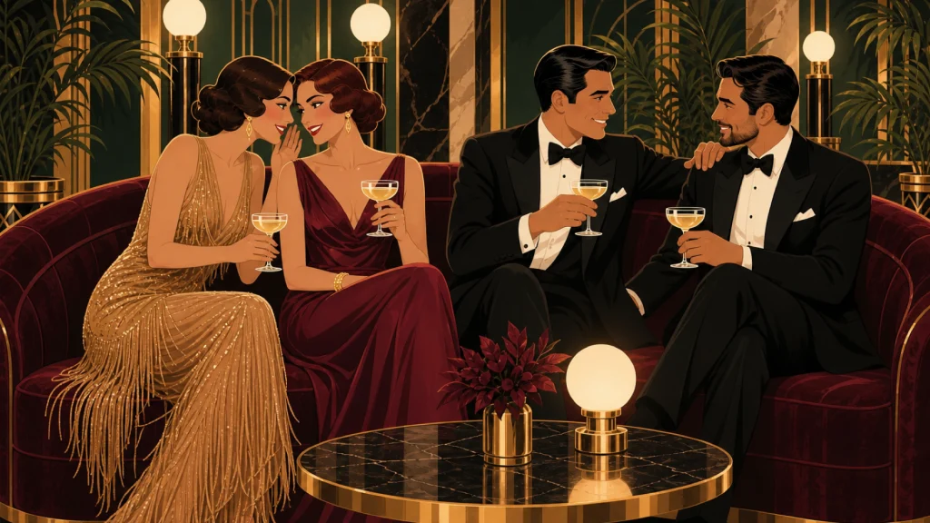 Dos parejas elegantes conversan con complicidad en un sofá de terciopelo de un salón art déco: dos mujeres sonríen juntas y dos hombres de esmoquin brindan.
