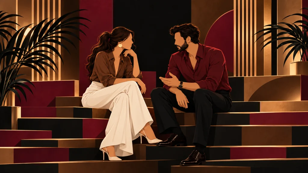 Una pareja conversa con calma sentada en una escalera.
