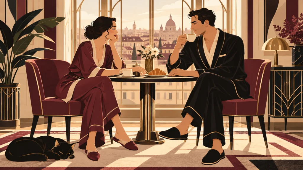 Una pareja conversa con calma mientras toma desayuno junto a una ventana.