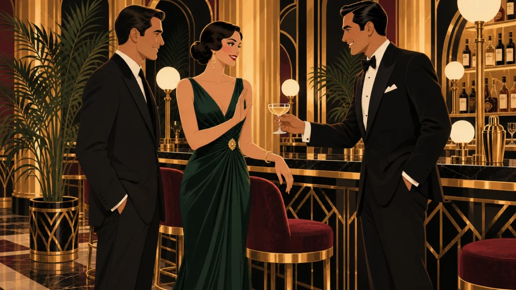 Junto a la barra de un salón art déco, una mujer con vestido esmeralda rechaza con una sonrisa y la palma en alto la copa que le ofrece un hombre de esmoquin, mientras su pareja observa tranquila.