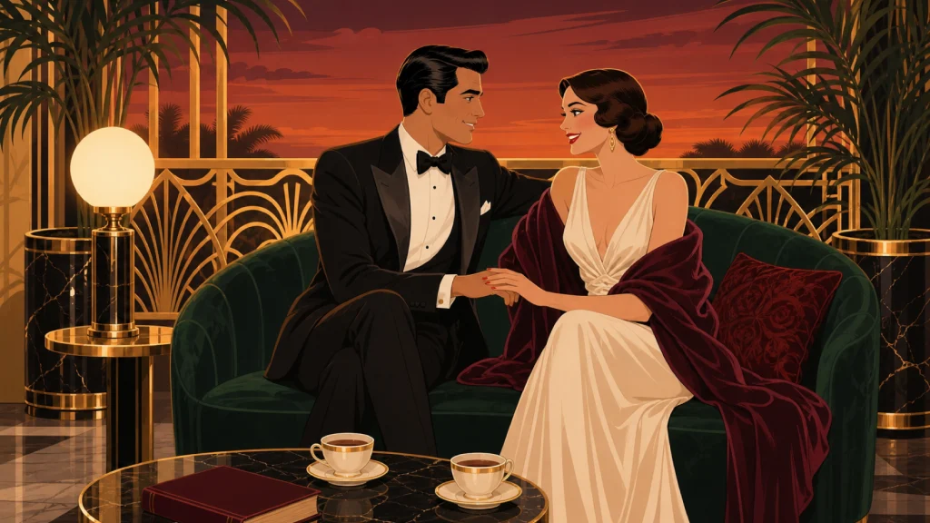 Una pareja vestida de gala conversa con calma y de la mano en un sofá de terciopelo, en un balcón art deco al atardecer.
