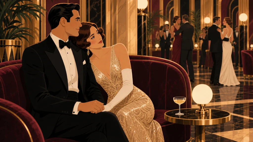 Una pareja de gala, sentada de la mano en una banqueta de terciopelo, observa desde un rincón un salón art deco donde otras parejas bailan.