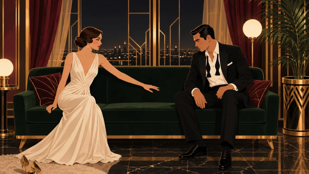 Ilustración art deco de una pareja con ropa de gala sentada en los extremos de un sofá de terciopelo, mientras ella le tiende la mano a él.