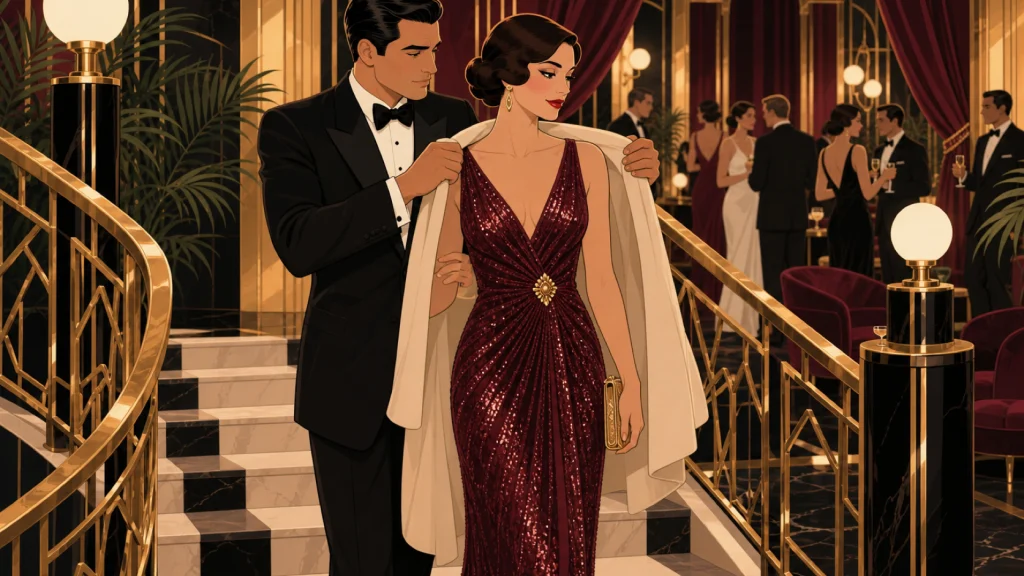 Ilustración art deco de una pareja de gala que baja junta una escalera de mármol mientras él le pone su abrigo sobre los hombros a ella.