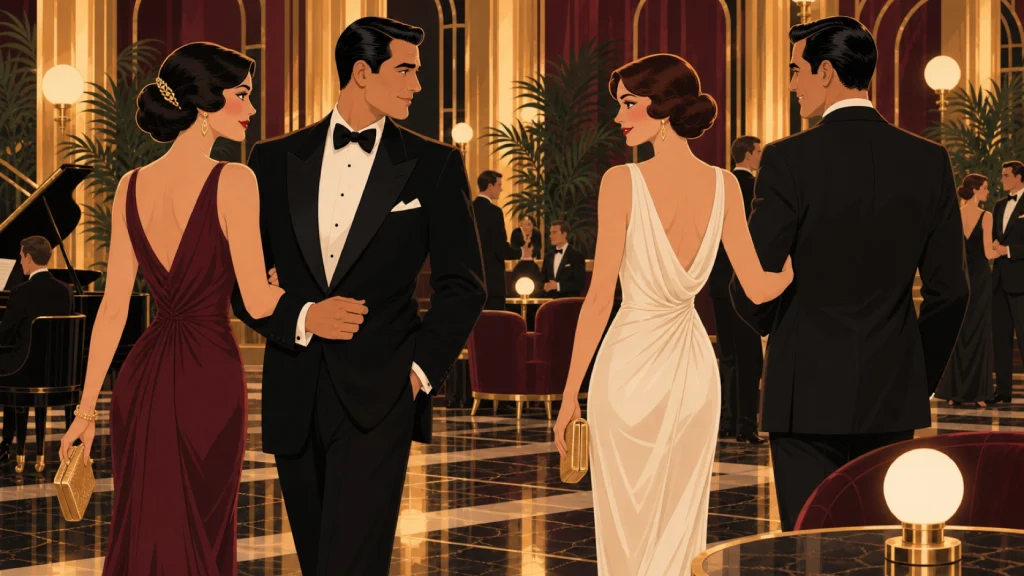 Dos parejas se cruzan en un salón art déco y dos de sus integrantes se saludan con un gesto discreto.