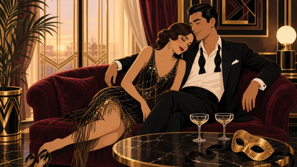 Ilustración art déco de una pareja en traje de noche que descansa abrazada en un sofá de terciopelo al amanecer, de vuelta en casa después de un encuentro.