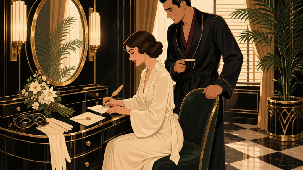 Ilustración art déco de una mujer en bata de seda que escribe una breve tarjeta de agradecimiento en su tocador mientras su pareja la acompaña con una sonrisa.