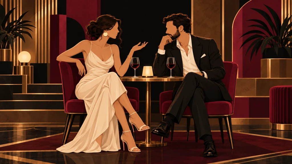 Una pareja conversa en una mesa con dos copas de vino.