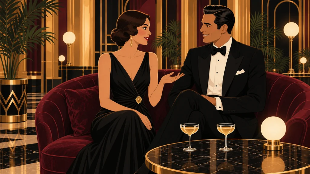 Una pareja conversa con calma y confianza en un sofá de terciopelo de un salón art déco, con dos copas sobre una mesa de mármol.