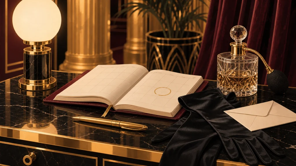 Una agenda abierta con una fecha marcada en dorado, una pluma, guantes de noche y un perfume sobre un tocador art déco.