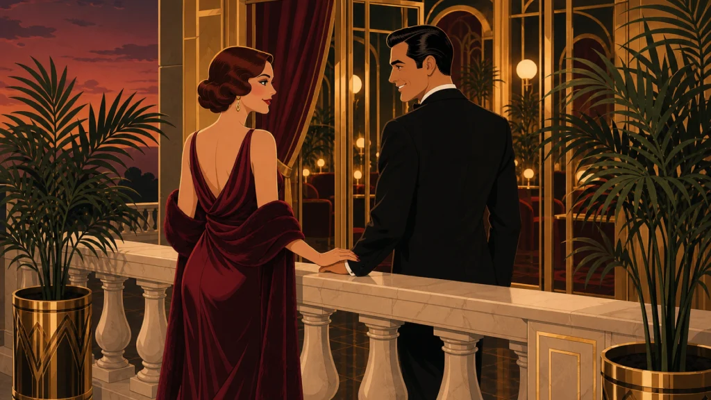 Una pareja elegante conversa con calma en un balcón art déco al atardecer, lejos del salón iluminado.