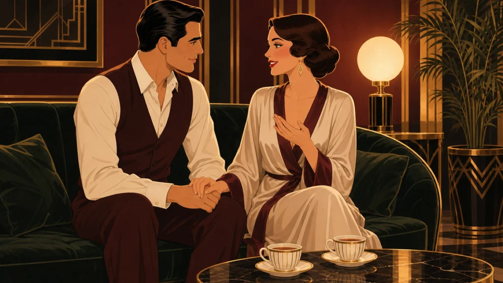 Una pareja conversa tomada de las manos en un sofá de terciopelo, en una sala art déco iluminada por una lámpara de globo.
