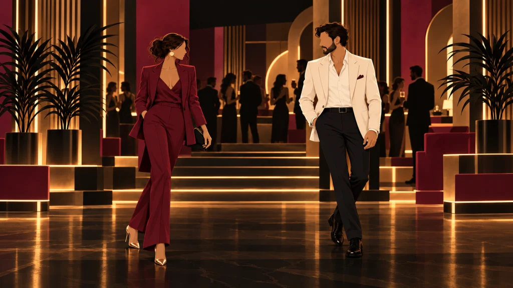 Una pareja llega a una fiesta en un salón elegante.
