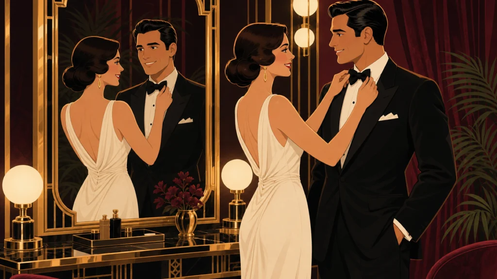 Frente a un espejo art déco, una mujer con vestido marfil le acomoda la corbata de moño a su pareja; ambos sonríen con nervios antes de salir.