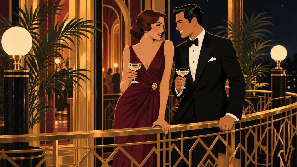 Una pareja elegante toma aire en un balcón art déco de noche, apoyada en la baranda dorada, conversando y riendo con una copa en la mano.