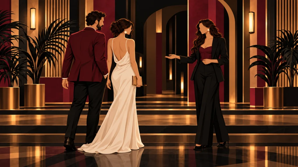 Una anfitriona recibe a una pareja a la entrada de un salón elegante.