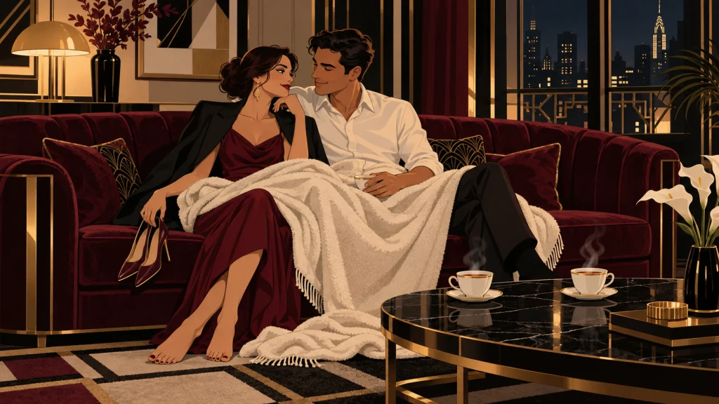 Una pareja de vuelta en casa, envuelta en una manta en el sofá, conversa con calma con dos tazas de té.