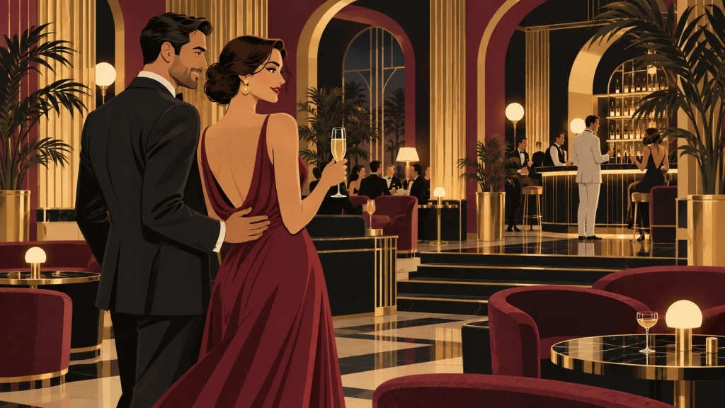 Una mujer con vestido burdeos y una copa de champagne, junto a su pareja que la abraza con complicidad en un salón elegante.