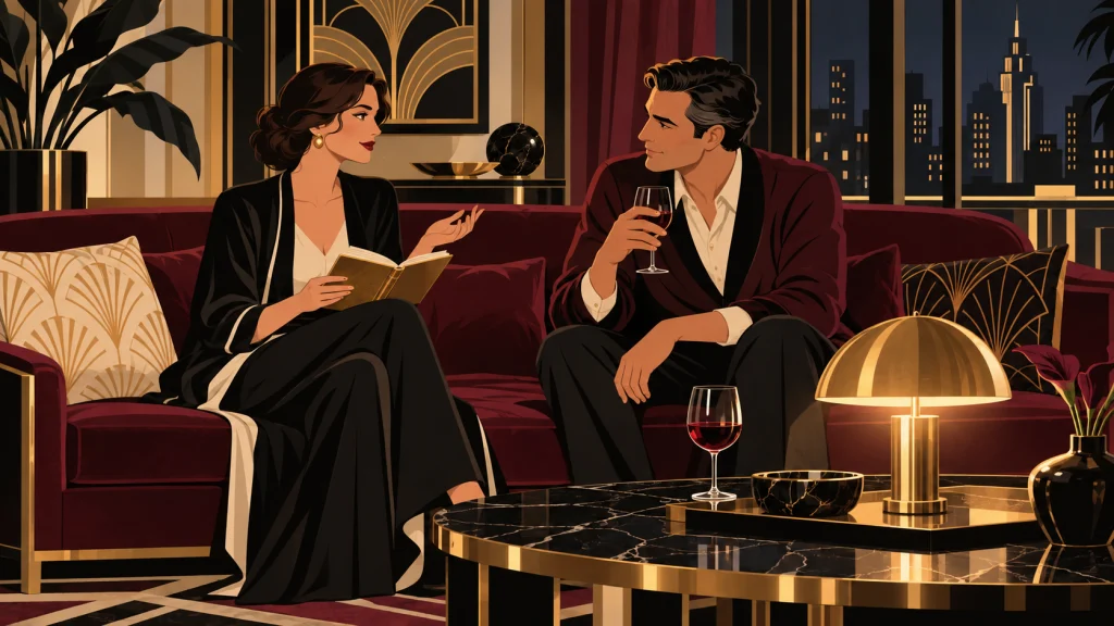 Una pareja conversa con calma en un sofá; ella toma notas en una libreta y él la escucha con una copa de vino.
