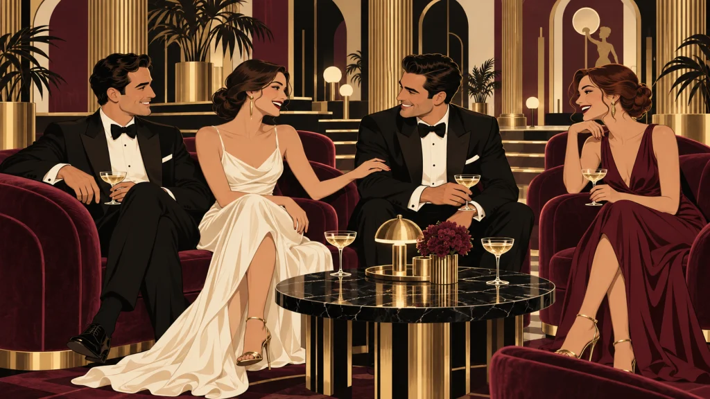 Dos parejas conversan y ríen con complicidad alrededor de una mesa con copas de champagne.