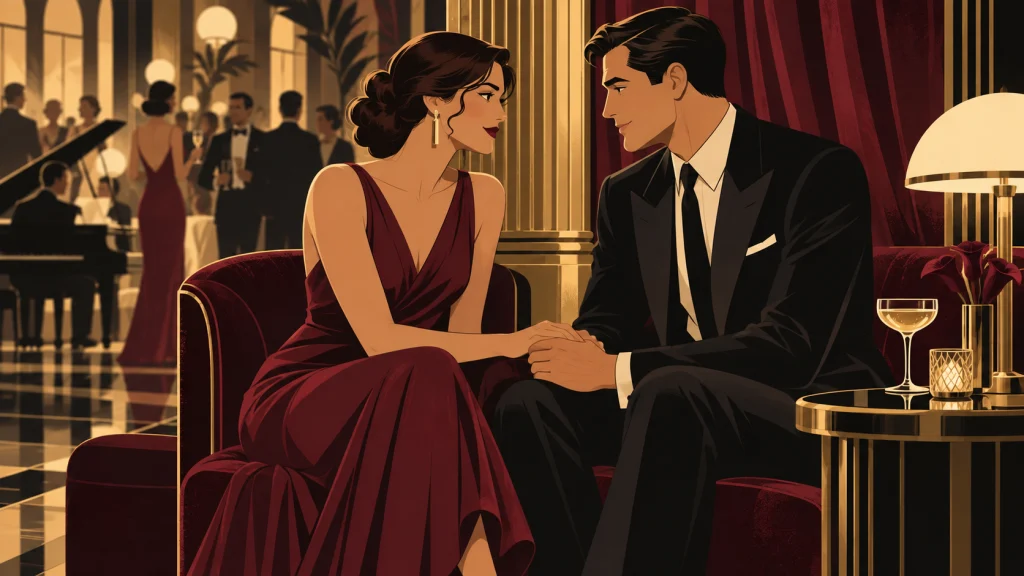 Una pareja conversa en voz baja tomada de la mano, apartada del resto de la fiesta.