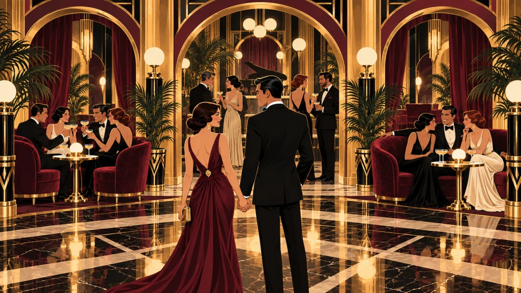 Una pareja tomada de la mano frente a tres arcos de un salón elegante: en uno, dos parejas brindan juntas; en otro, personas conversan por separado; en el tercero, tres adultos comparten un sofá con cariño.