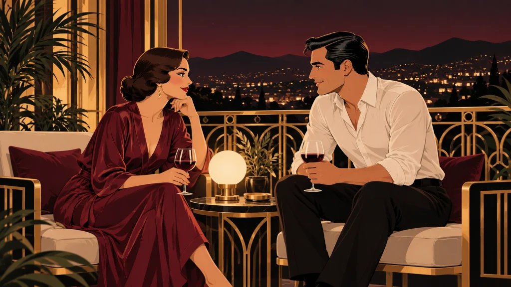 Una pareja conversa con calma de noche en un balcón, con una copa de vino tinto cada uno y los cerros iluminados al fondo.
