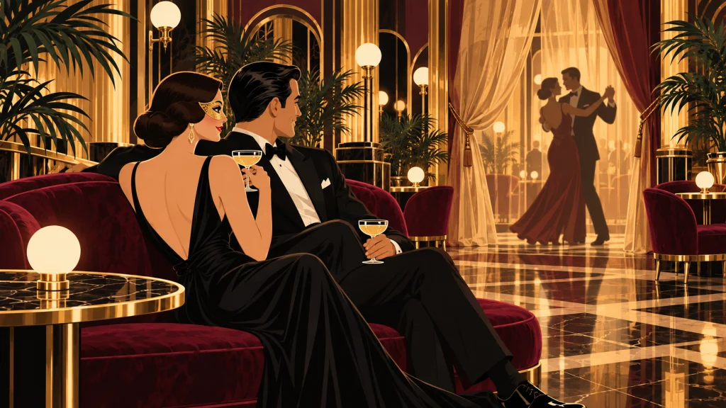 Una pareja elegante, ella con antifaz dorado, mira con complicidad desde un sillón de terciopelo a otra pareja que baila tras una cortina de gasa.