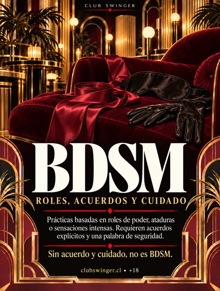 Infografía «BDSM», roles, acuerdos y cuidado: prácticas basadas en roles de poder, ataduras o sensaciones intensas que requieren acuerdos explícitos y una palabra de seguridad.