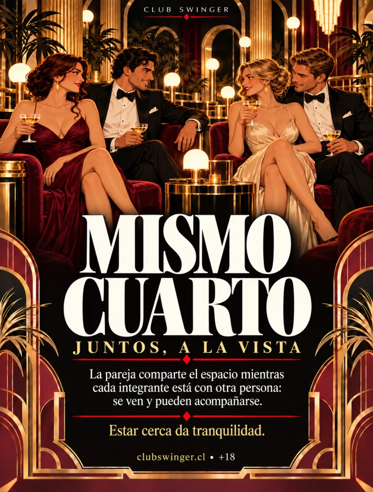Infografía «Mismo cuarto», juntos, a la vista: la pareja comparte el espacio mientras cada integrante está con otra persona; se ven y pueden acompañarse.